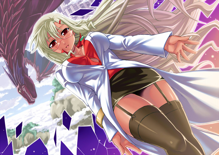 arcana_heart black_legwear blonde_hair blouse blush breasts coat dragon garter_belt glasses hair_ornament hairclip jewelry labcoat large_breasts legs lipstick long_hair makeup miniskirt necklace nurse ono_misao parace_l'sia pencil_skirt red_eyes skirt solo thighhighs thighs wind