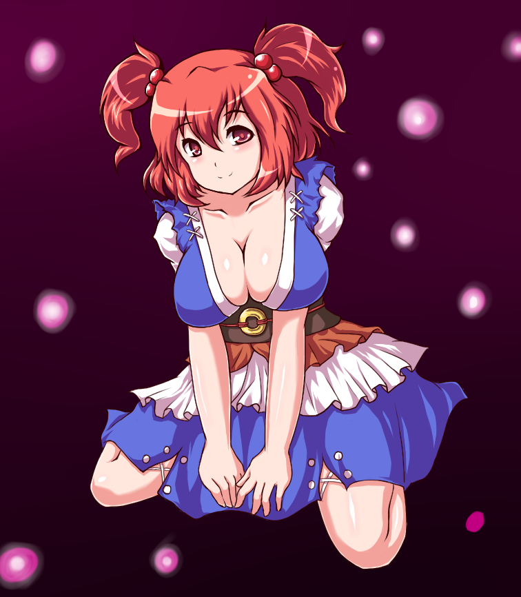breasts cleavage dress female hair_bobbles hair_ornament kneeling large_breasts moisture moisture_(chichi) onozuka_komachi red_eyes red_hair short_hair skirt smile solo touhou twintails