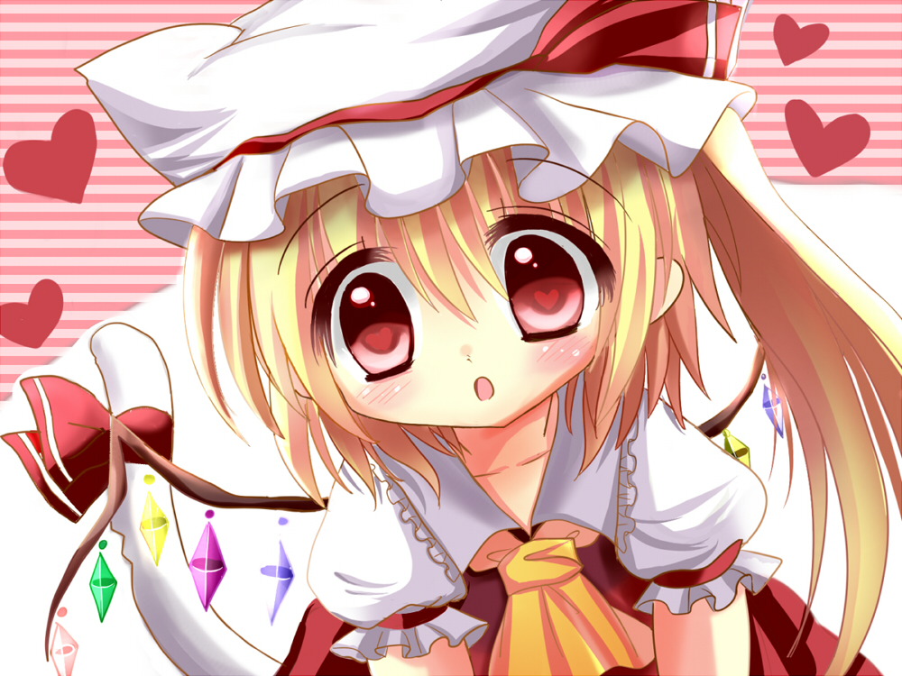 animal_ears ascot blonde_hair blush cat_ears cat_tail chibi dress flandre_scarlet hane. hat hat_with_ears heart heart-shaped_pupils kemonomimi_mode open_mouth red_dress red_eyes ribbon shirt side_ponytail solo symbol-shaped_pupils tail tail_ribbon touhou wings