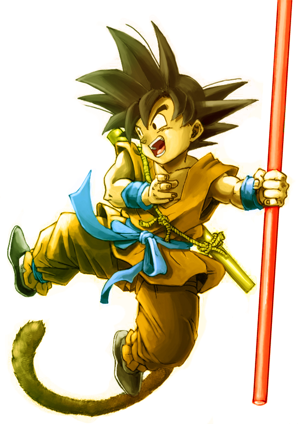 :d black_hair collarbone dragon_ball dragon_ball_(classic) male_focus monkey_tail open_mouth pole rope shiseriya simple_background smile solo son_gokuu spiked_hair tail teeth wristband