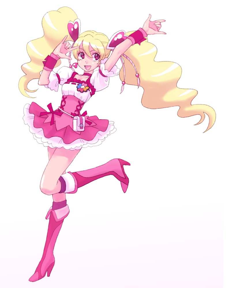 \m/ arm_up blonde_hair boots bow choker cure_peach dress eyelashes fresh_precure! full_body hair_ornament hairpin heart heart_hair_ornament knee_boots long_hair magical_girl momozono_love pink_bow pink_choker pink_eyes pink_footwear precure smile solo standing standing_on_one_leg tana_(cure-aqua) twintails