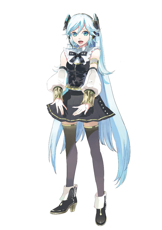 1girl ankle_boots armlet bangs black_legwear blue_eyes blue_hair boots bow detached_sleeves headset long_hair microphone official_art open_mouth ring_suzune skirt solo thighhighs very_long_hair vocaloid wrist_cuffs