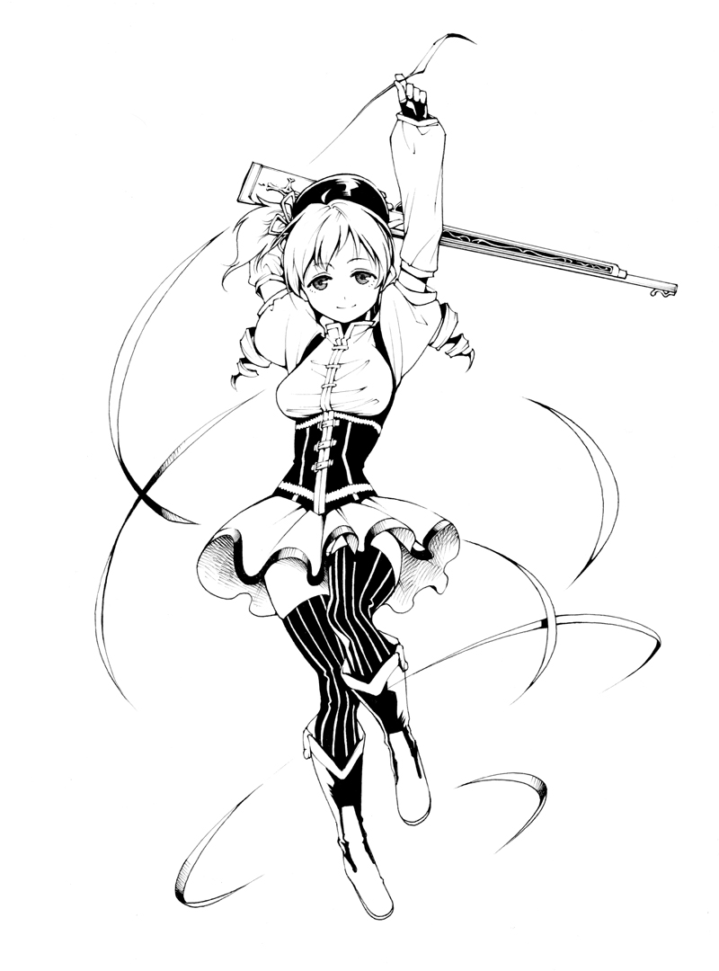 arm_behind_head arm_up beret boots corset detached_sleeves drill_hair fingerless_gloves full_body gloves greyscale gun hair_ornament hairpin hat lineart long_hair magical_girl magical_musket mahou_shoujo_madoka_magica monochrome pleated_skirt puffy_sleeves ribbon rifle shirt simple_background skirt smile solo striped striped_legwear taut_clothes taut_shirt thighhighs tomoe_mami twin_drills twintails vertical-striped_legwear vertical_stripes weapon white_background youkann00 zettai_ryouiki