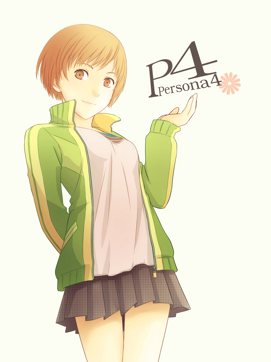 arya_(tianhua) brown_eyes brown_hair highres jacket light_smile logo long_sleeves open_clothes open_jacket persona persona_4 satonaka_chie short_hair simple_background skirt solo track_jacket