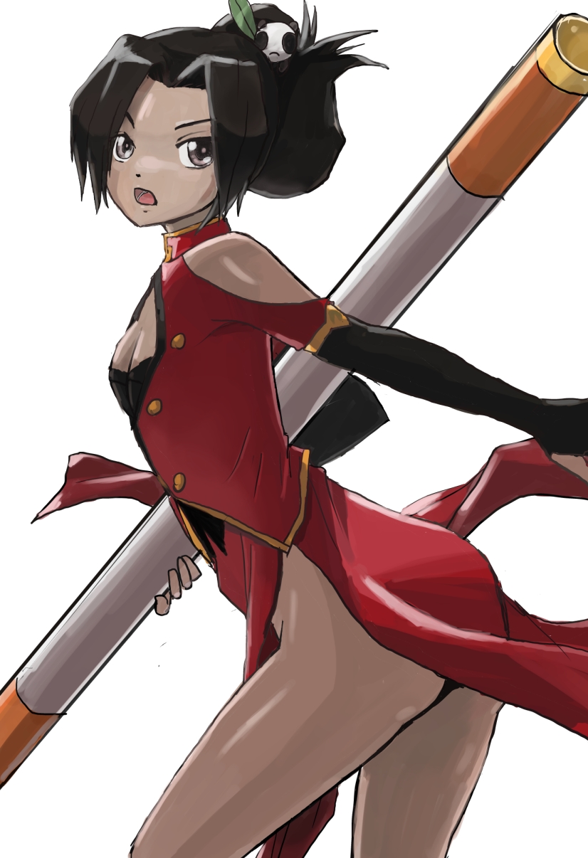 arc_system_works black_hair blazblue blazblue:_calamity_trigger brown_eyes china_dress chinadress chinese_clothes cosplay dress female highres lao_jiu linhua litchi_faye_ling litchi_faye_ling_(cosplay) open_mouth polearm short_hair solo staff tan_skin weapon yan_(pixiv704953)