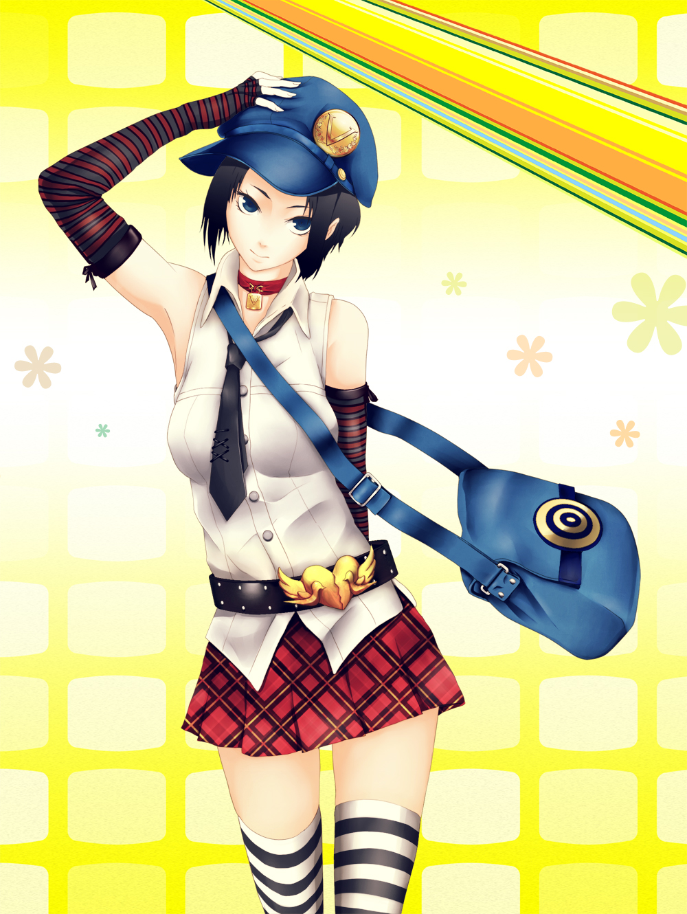 armpits bag belt belt_buckle black_hair blue_eyes buckle choker elbow_gloves gloves hat highres infinote marie_(persona_4) messenger_bag necktie persona persona_4 persona_4_the_golden plaid plaid_skirt pleated_skirt shirt short_hair shoulder_bag skirt sleeveless sleeveless_shirt solo striped striped_gloves striped_legwear thighhighs