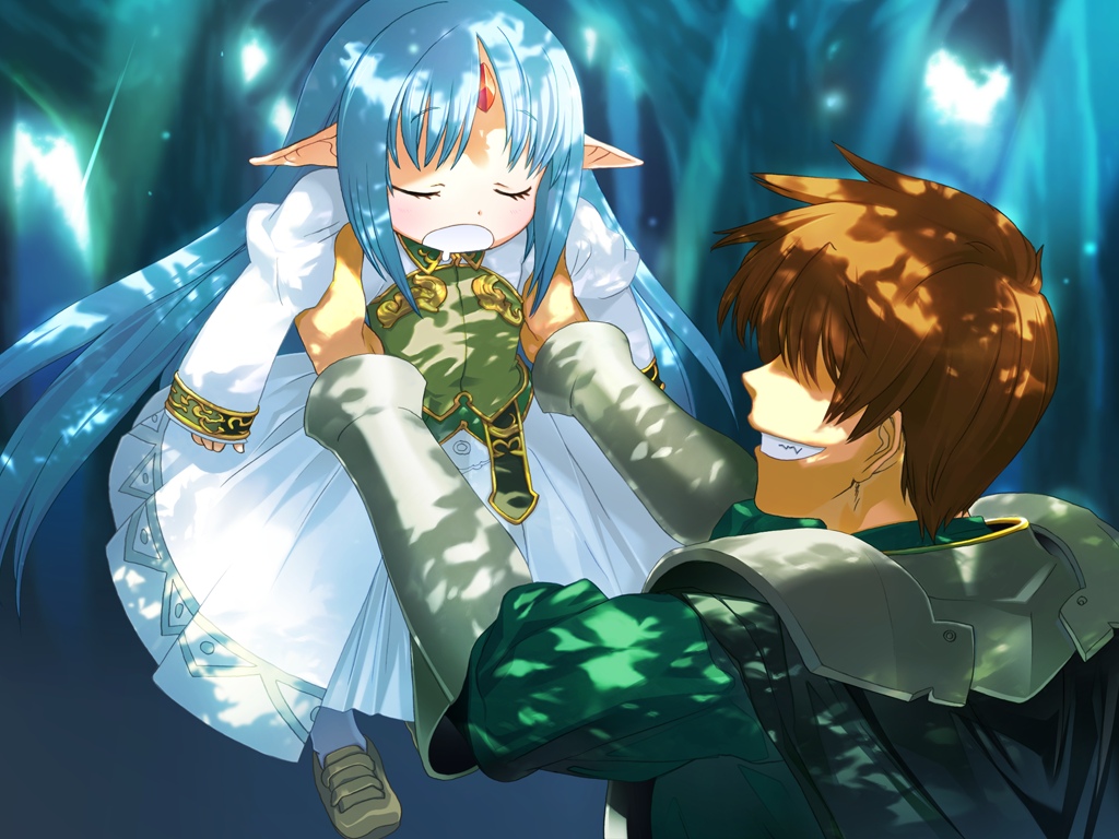 1girl armor blue_hair brown_hair child dappled_sunlight dress elf father_and_daughter forehead_jewel game_cg lifting_person long_hair orion_(orionproject) pointy_ears rance rance_(series) rance_quest reset_kalar sleeping sunlight tree_shade