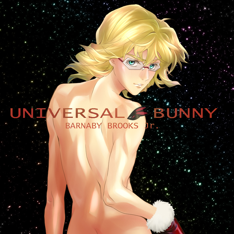 back barnaby_brooks_jr blonde_hair derivative_work from_behind glasses gloves green_eyes looking_back macross macross_frontier male_focus nude parody satsuma sheryl_nome solo space tiger_&amp;_bunny universal_bunny