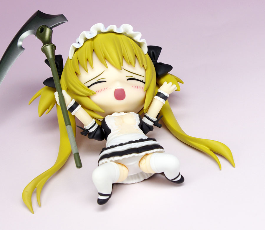 airi airi_(queen's_blade) alternate_color blonde_hair blush breasts chibi eyes_closed figure maid maid_headdress maid_uniform nendoroid open_clothes panties photo player_2 queen's_blade queen's_blade scythe shirt simple_background solo thighhighs torn_clothes torn_shirt twintails underwear upskirt weapon