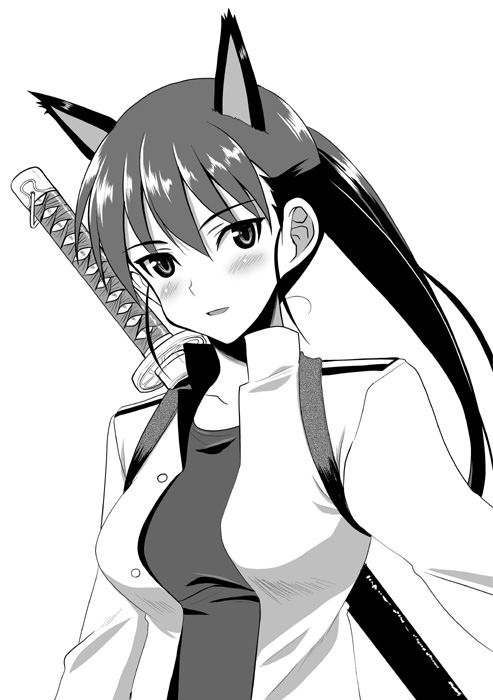 animal_ears bad_id bad_pixiv_id blush greyscale katana kitagou_fumika kyougoku_shin looking_at_viewer military military_uniform monochrome one-piece_swimsuit open_mouth ponytail scabbard sheath smile solo swimsuit swimsuit_under_clothes sword uniform upper_body weapon world_witches_series