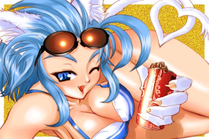 animal_ears artist_request bikini blue_eyes blue_hair breasts can cat_ears cat_tail cleavage coca-cola eyewear_on_head fangs felicia heart heart_tail large_breasts lying on_side one_eye_closed open_mouth paws slit_pupils solo source_request sunglasses swimsuit tail vampire_(game)