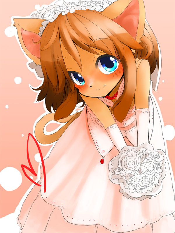 &hearts; abstract_background anthro bent_over blue_eyes bouquet bride canine cat clothing dress feline female flower fox fuyuno hair headdress loli long_hair looking_at_viewer mammal necklace smile solo wedding wedding_dress young