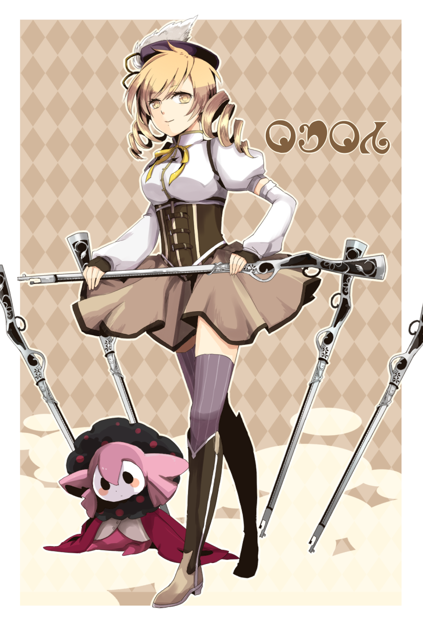 bad_id bad_pixiv_id beret blonde_hair boots breasts charlotte_(madoka_magica) corset detached_sleeves drill_hair fingerless_gloves gloves gun hair_ornament hat highres large_breasts light_smile madoka_runes magical_girl magical_musket mahou_shoujo_madoka_magica mate@juken pleated_skirt puffy_sleeves rifle shirt skirt smile striped striped_legwear taut_clothes taut_shirt thighhighs tomoe_mami translated twin_drills twintails vertical-striped_legwear vertical_stripes weapon yellow_eyes zettai_ryouiki