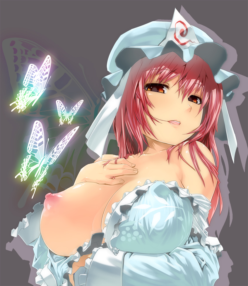 areolae bad_id bad_pixiv_id bare_shoulders blue_dress breast_slip breasts breasts_apart bug butterfly collarbone covered_nipples crossed_arms dress face hair_in_mouth hand_on_own_chest hands hat insect isada_(daisa) large_breasts lips nipples off_shoulder one_breast_out open_clothes open_dress open_mouth pink_eyes pink_hair puffy_nipples saigyouji_yuyuko shiny shiny_skin solo touhou upper_body wardrobe_malfunction