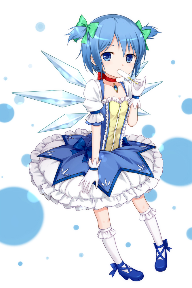 alternate_hairstyle bobby_socks bow cirno collarbone cosplay dress food frilled_dress frills fusion gloves hair_bow kaname_madoka kaname_madoka_(cosplay) mahou_shoujo_madoka_magica pinky_out popsicle short_twintails socks solo touhou tucana twintails wings
