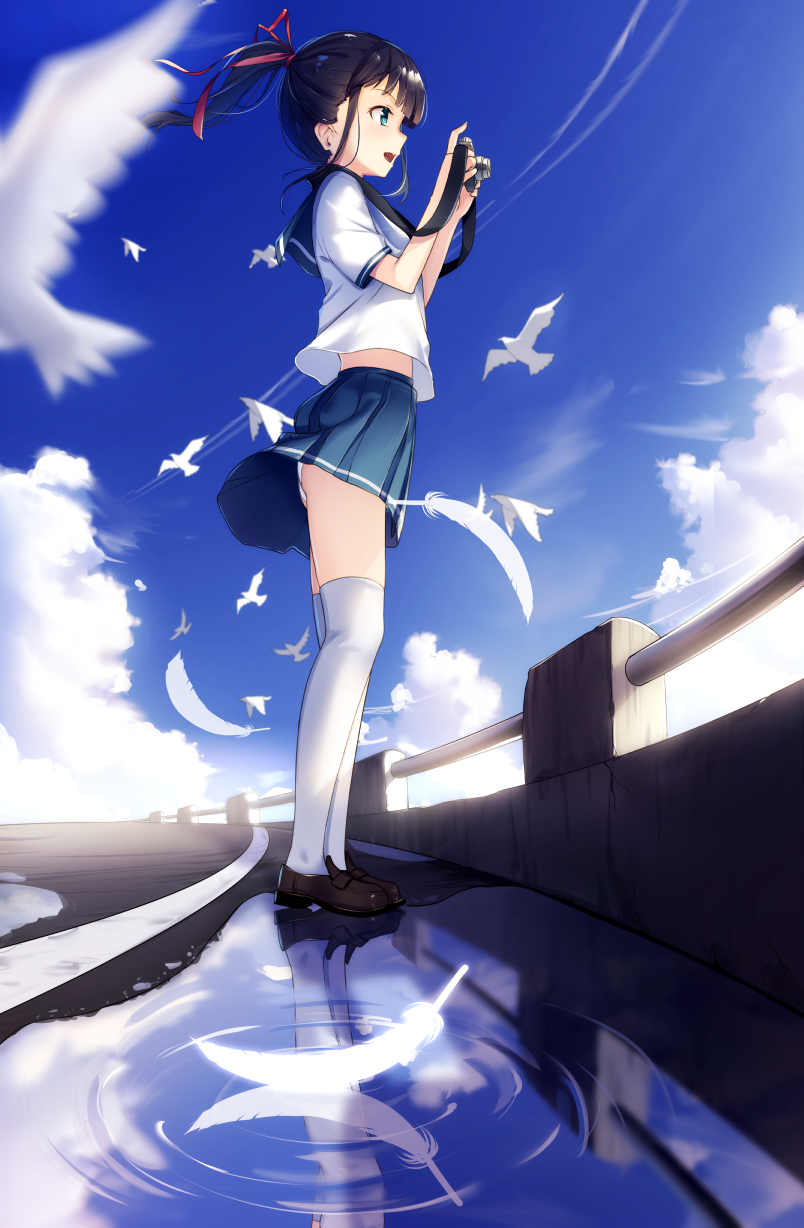1girl :d animal bangs bird black_hair blue_eyes blue_sailor_collar blue_skirt blue_sky brown_footwear camera cloud commentary_request condensation_trail day feathers hair_ribbon highres holding holding_camera loafers open_mouth original outdoors panties pleated_skirt ponytail profile puddle red_ribbon reflection ribbon ripples sailor_collar school_uniform serafuku shirt shoes short_sleeves skirt sky smile solo standing thighhighs underwear white_feathers white_legwear white_panties white_shirt yan_(nicknikg)
