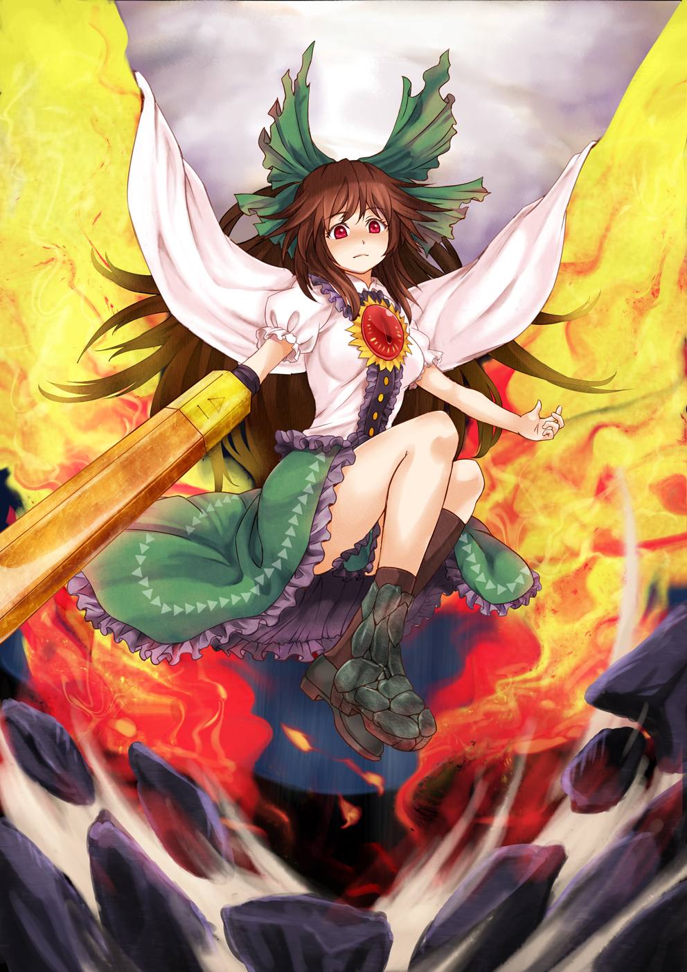 arm_cannon blue_door blush bow brown_hair cape fiery_wings fire frown highres long_hair mismatched_footwear pleated_skirt red_eyes reiuji_utsuho single_thighhigh skirt solo thighhighs third_eye touhou weapon wings