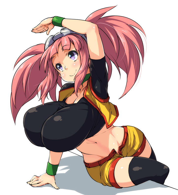 arm_support breasts dinosaur_king gigantic_breasts goggles goggles_on_head nekomamire pink_hair purple_eyes short_shorts shorts smile solo tatsuno_malm thighhighs twintails unzipped wristband