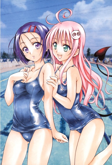 2girls arm arm_grab arms blue_eyes blue_hair breasts cleavage cloud female from_behind green_eyes hair_ornament hairclip hand_on_shoulder happy lala_satalin_deviluke leg_up one-piece_swimsuit open_mouth pink_hair pool purple_eyes sairenji_haruna school_swimsuit short_hair sky smile swimming_pool swimsuit tail to_love-ru toloveru very_long_hair yuri
