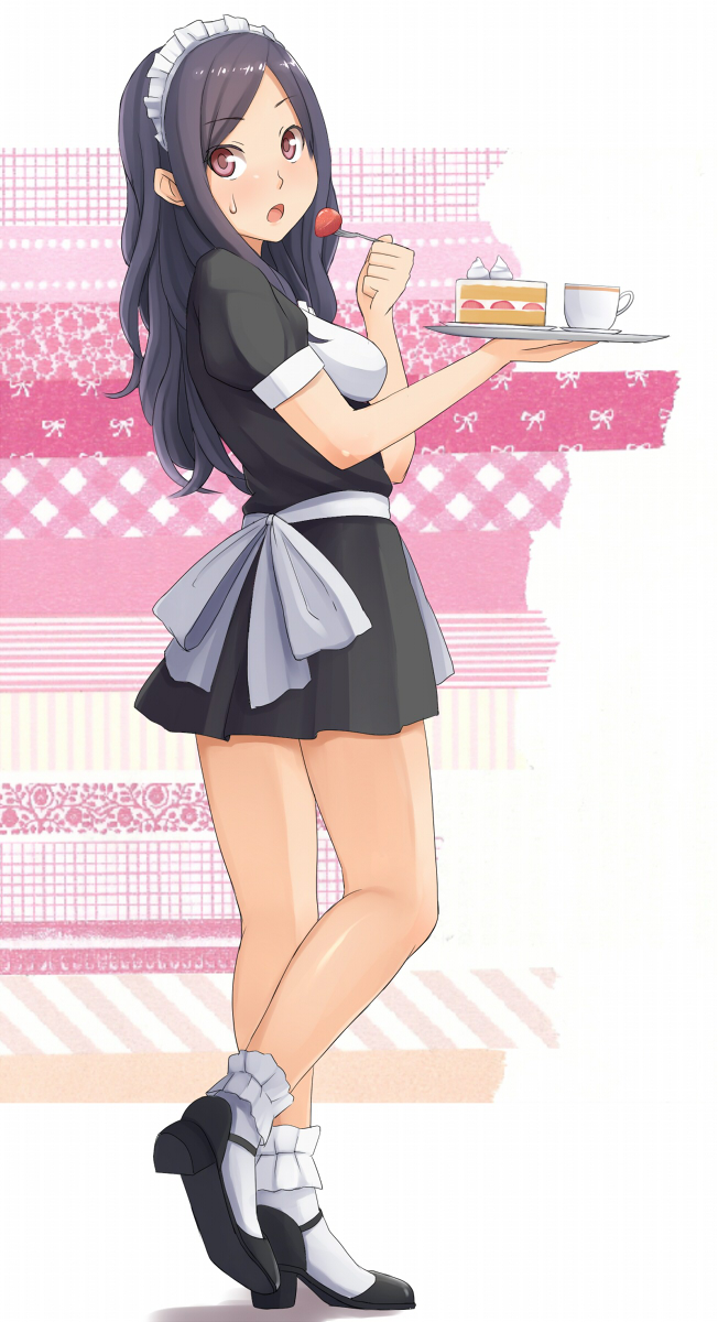 black_hair cake coffee food fruit highres legs long_hair long_legs looking_back maid maid_headdress open_mouth original pinkwaters pose red_eyes shoes socks solo strawberry sweatdrop tray