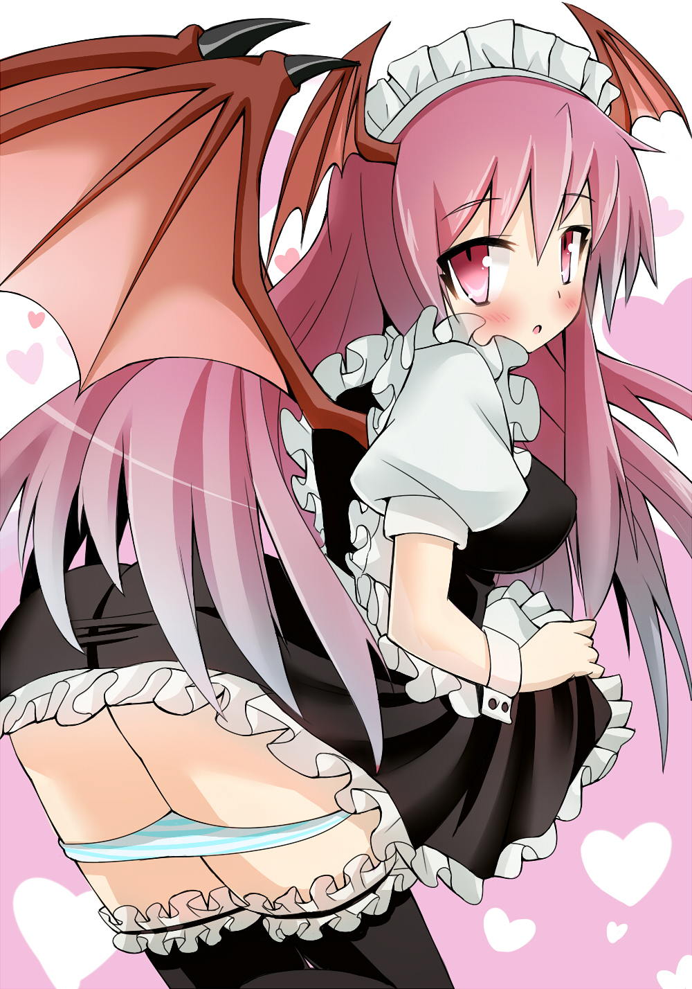 alternate_costume arched_back ass bad_anatomy bat_wings black_dress black_legwear blush dress dress_lift enmaided from_behind givuchoko head_wings heart highres koakuma long_hair looking_back maid maid_headdress open_mouth panties panty_pull pink_eyes pink_hair solo striped striped_panties thighhighs touhou underwear wings