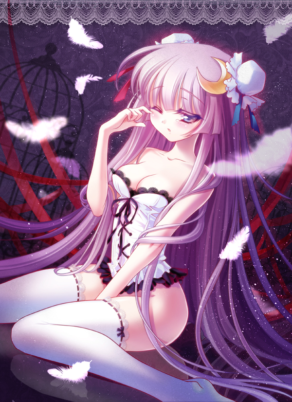birdcage blush bottomless breasts bustier cage cleavage corset crescent crescent_hair_ornament feathers hair_ornament hat lace_border lingerie long_hair medium_breasts one_eye_closed patchouli_knowledge purple_eyes purple_hair s-yin sitting solo tears thighhighs touhou underwear underwear_only very_long_hair wariza white_legwear