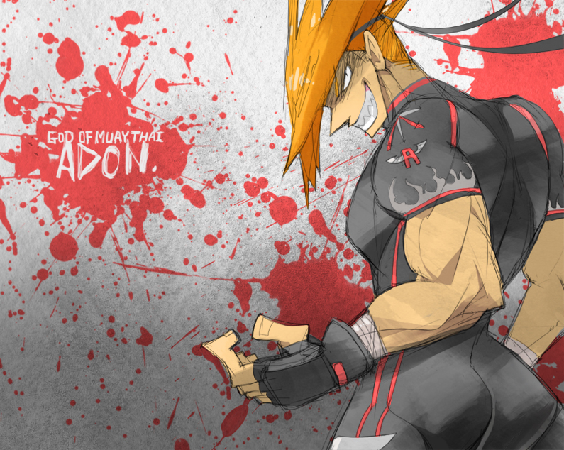adon_(street_fighter) alternate_costume bad_id bad_pixiv_id bandages fangs fingerless_gloves gloves grin headband male_focus mixed_martial_arts muscle pointy_hair red_hair smile solo street_fighter street_fighter_iv_(series) tk_(hibatidori)