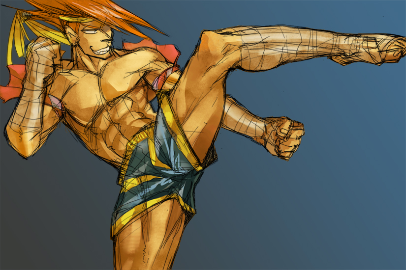 abs adon_(street_fighter) armlet bad_id bad_pixiv_id bandages fighting_stance hand_wraps headband male_focus mongkhon muscle pointy_hair red_hair shorts simple_background solo standing standing_on_one_leg street_fighter tk_(hibatidori)