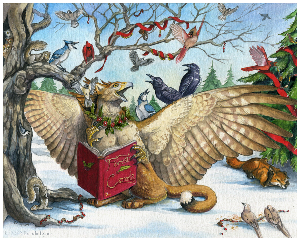 avian beak bird blue_jay book canine cardinal_(bird) christmas christmas_tree corvid crow dipstick_tail feral flying fox gryphon holding_object holidays holly_(plant) lying mammal multicolored_tail outside plant red_fox ribbons rodent sitting sky snow squirrel talons tree windfalcon