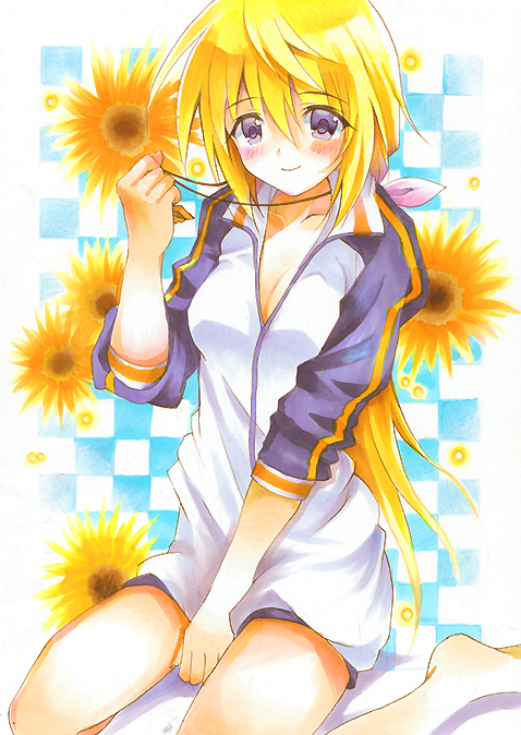 barefoot between_legs blonde_hair breasts charlotte_dunois checkered checkered_background cleavage flower hand_between_legs infinite_stratos jacket jewelry long_hair medium_breasts necklace ponytail purple_eyes shiawase_usagi sleeves_pushed_up smile solo sunflower track_jacket