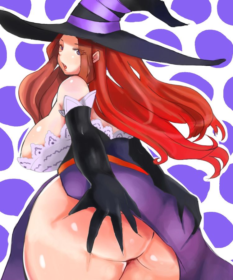 ass ass_grab breasts dragon's_crown dragon's_crown elbow_gloves gloves hat huge_ass large_breasts looking_back no_panties red_hair sideboob sorceress_(dragon's_crown) sorceress_(dragon's_crown) witch_hat yac_(mokkori)