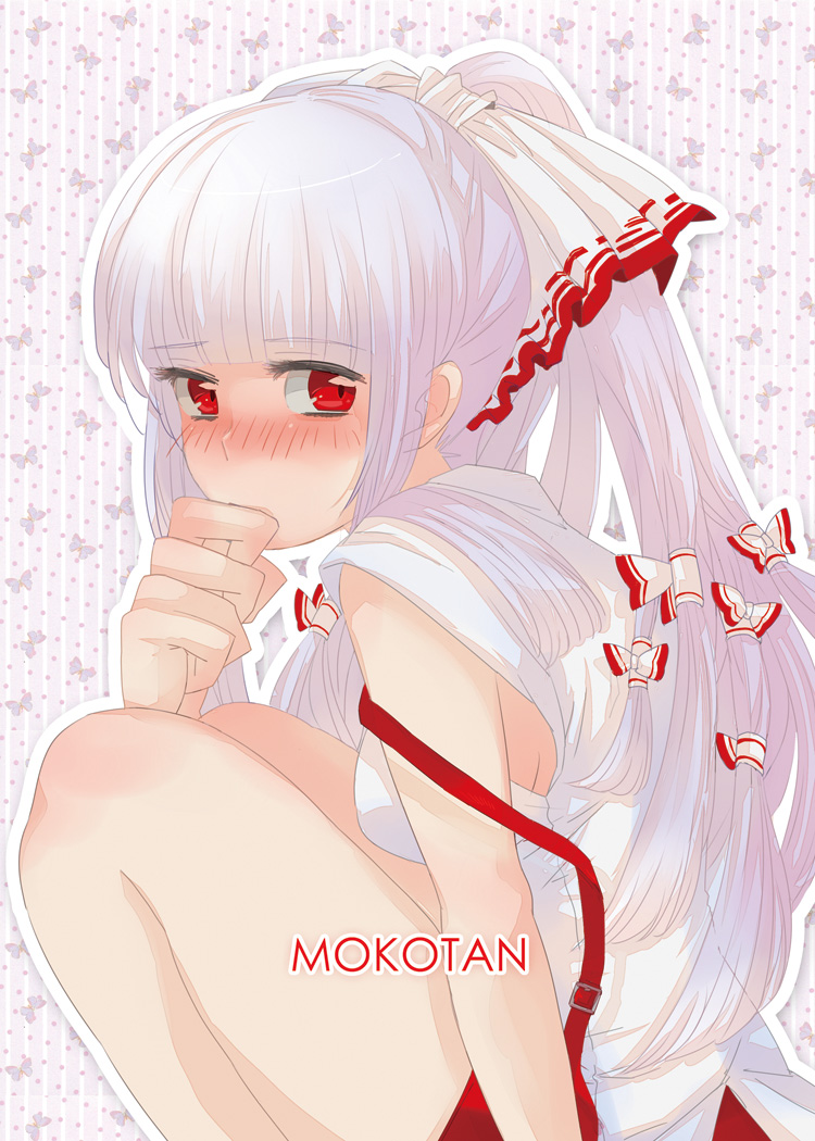 blush bow character_name fujiwara_no_mokou hair_bow long_hair looking_back mattie red_eyes ribbon short_shorts shorts silver_hair solo squatting suspenders touhou very_long_hair