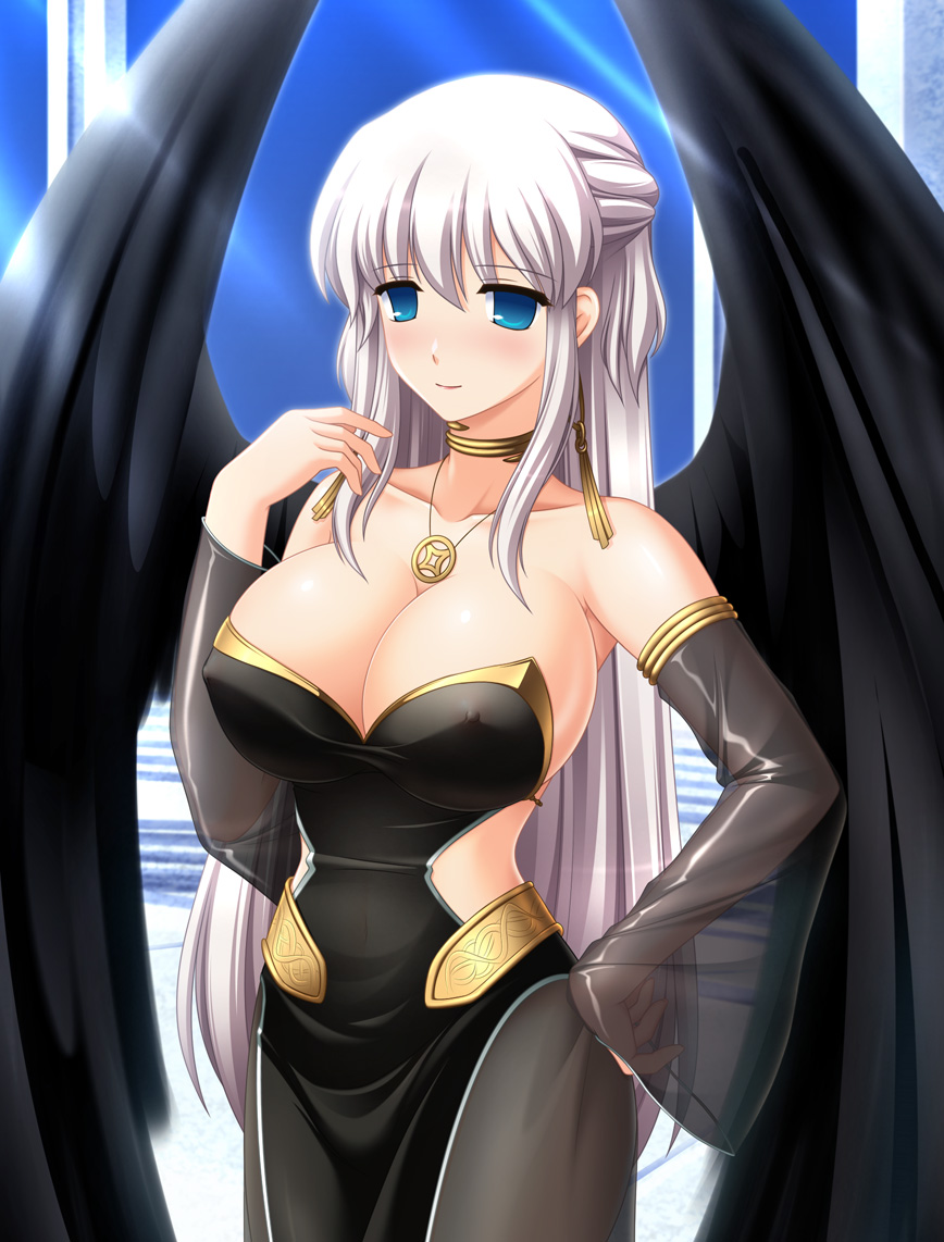 angel_wings black_wings blue_eyes blush breasts choker cosplay covered_nipples detached_sleeves dress earrings half_updo huge_breasts jewelry kafu long_hair mabinogi nao_(mabinogi) neamhain neamhain_(cosplay) necklace nipples see-through silver_hair smile solo wings