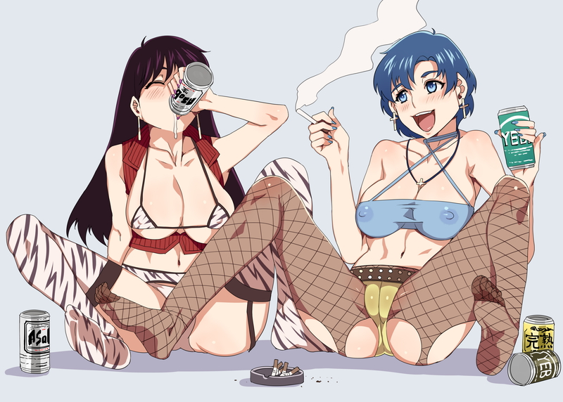 alcohol beer bikini bishoujo_senshi_sailor_moon black_hair blue_eyes blue_hair blush breasts cameltoe cigarette cleavage closed_eyes corruption cross drunk earrings feet fishnet_legwear fishnets hino_rei jewelry large_breasts long_hair micro_bikini mizuno_ami mizuryuu_kei multiple_girls no_bra open_mouth out_of_character pendant pinky_out revealing_clothes see-through shirt short_hair sitting smile smoke smoking soles spread_legs swimsuit taut_clothes taut_shirt thighhighs toes