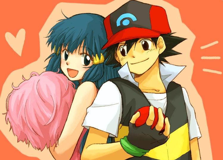 1girl alternate_costume back-to-back baseball_cap black_hair blonde_hair blue_eyes blue_hair blush cheerleader fingerless_gloves gloves hair_ornament hairclip hat hikari_(pokemon) holding holding_poke_ball open_mouth poke_ball poke_ball_(generic) pokemon pokemon_(anime) pokemon_dp_(anime) pom_poms raku_(rairaku345) satoshi_(pokemon) short_hair smile