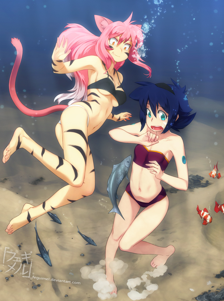 air_bubble animal_ears aqua_eyes barefoot bikini bikini_bottom bikini_top blue_eyes blue_hair breasts breath bubble cat_ears cat_tail diving fang feet feguimel fish freediving holding_breath long_hair long_legs medium_breasts multiple_girls navel ocean open_mouth original pink_hair puffy_cheeks sand short_hair small_breasts smile sports_bikini striped surprised swimming swimsuit tail tattoo tiger_stripes toes underboob underwater water watermark web_address yellow_eyes