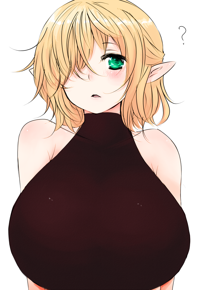 ? bare_shoulders blush breasts commentary_request green_eyes hair_over_one_eye han_(jackpot) huge_breasts mizuhashi_parsee open_clothes pointy_ears sleeveless sleeveless_turtleneck solo touhou turtleneck