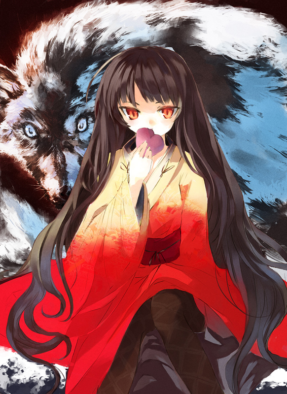black_hair copyright_request dress heart japanese_clothes long_hair looking_at_viewer orange_eyes pantyhose red_eyes shunsei_(muratou) wolf