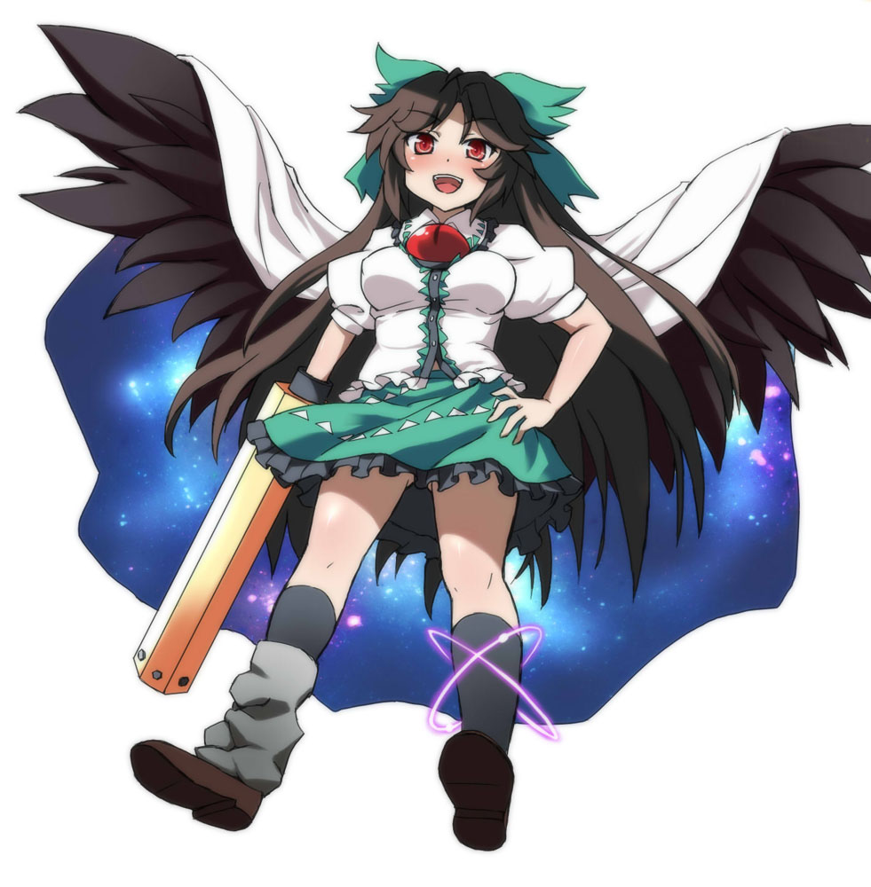 arm_cannon bow brown_hair cape green_bow hair_bow hand_on_hip long_hair open_mouth red_eyes reiuji_utsuho sama_samasa skirt solo third_eye touhou weapon wings