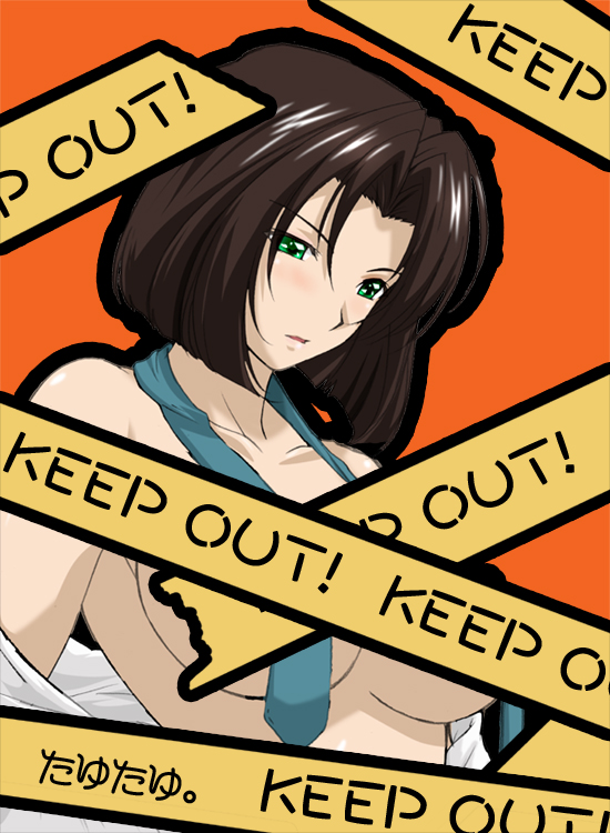 artist_name bare_shoulders blush bob_cut breasts brown_hair caution_tape censored convenient_censoring dress_shirt english green_eyes keep_out large_breasts looking_down necktie no_bra off_shoulder open_clothes open_mouth open_shirt orange_background shirt short_hair simple_background solo tape_censor tayutayu. tsujimoto_natsumi undressing upper_body you're_under_arrest