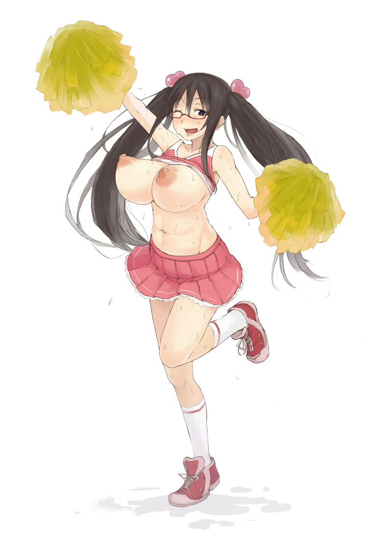 areolae black_hair blush breasts brown_eyes cheerleader chiwino glasses huge_breasts leg_lift long_hair nipples no_bra one_eye_closed oppao-san original pom_poms shirt_lift skirt solo sweat twintails