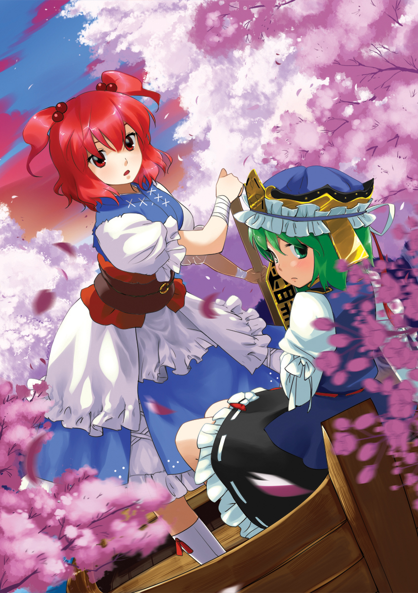 bad_id bad_pixiv_id bandages boat chagen_kokimu cherry_blossoms dress green_eyes green_hair hair_bobbles hair_ornament hat highres looking_back multiple_girls onozuka_komachi red_eyes red_hair rod_of_remorse shiki_eiki short_hair sitting skirt standing touhou two_side_up watercraft