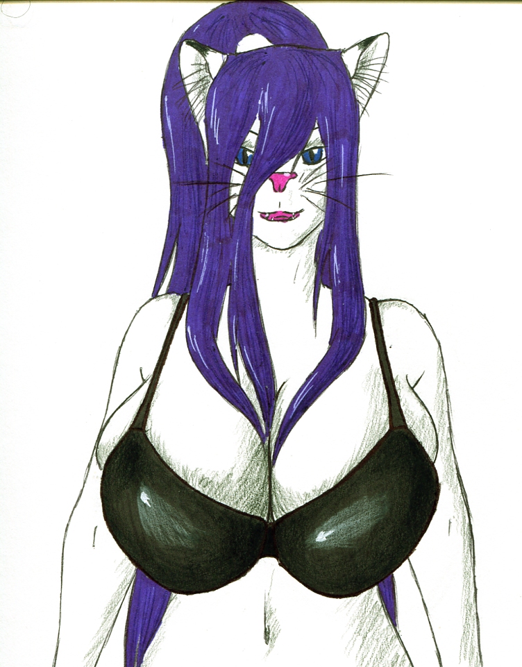blue_eyes bra breasts feline female hair long_hair looking_at_viewer mammal nekuila ponytail purple_hair solo underwear verya