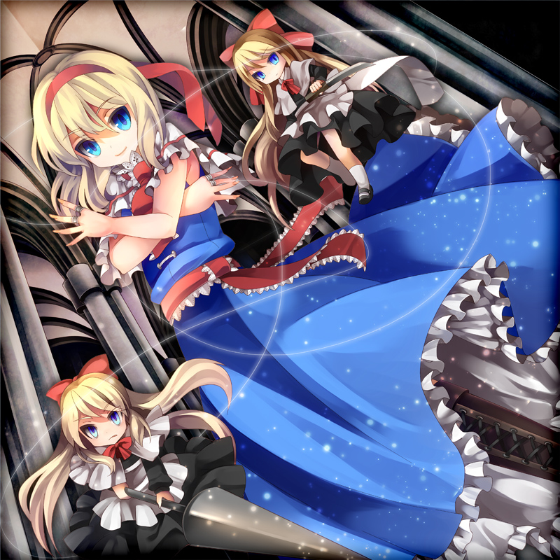 alice_margatroid blonde_hair blue_eyes boots bow capelet cross-laced_footwear doll dress frills hair_bow hairband jewelry lace-up_boots lance polearm ring ringpearl sash shanghai_doll solo string touhou weapon