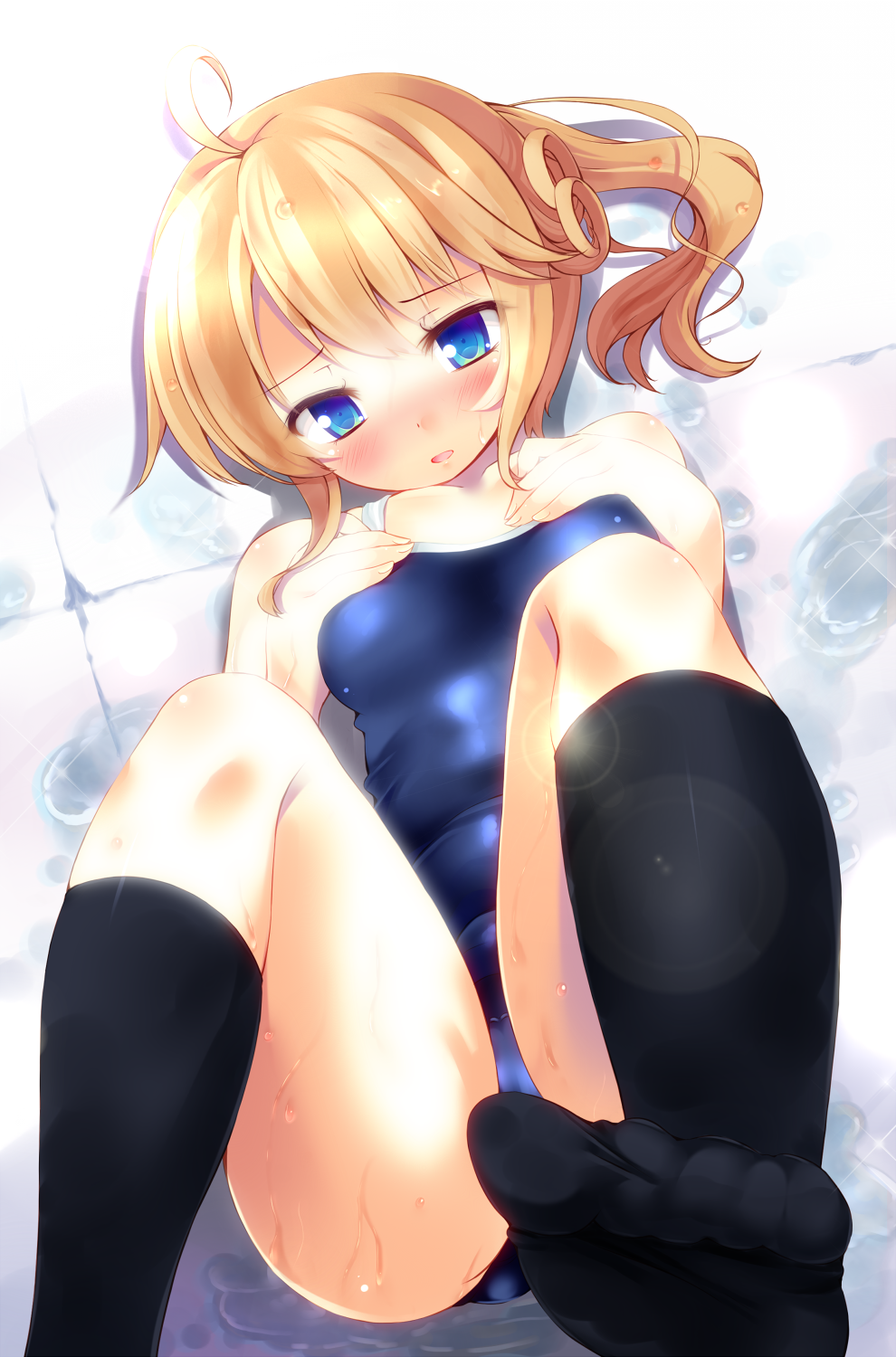 ahoge bad_id bad_pixiv_id bare_shoulders black_legwear blonde_hair blue_eyes blush breast_suppress esia_mariveninne feet highres kneehighs komone_ushio legs_up lens_flare looking_at_viewer lying on_back one-piece_swimsuit open_mouth original ponytail pov_feet socks solo sparkle swimsuit toes water wet