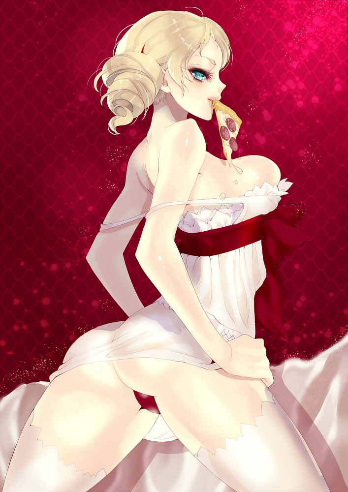 ass atlus bare_shoulders blonde_hair blue_eyes breasts catherine catherine_(game) dress drill_hair female food hands_on_hips long_hair looking_back mouth_hold pizza solo stockings thighhighs tomohide twin_drills twintails white_legwear white_thighhighs