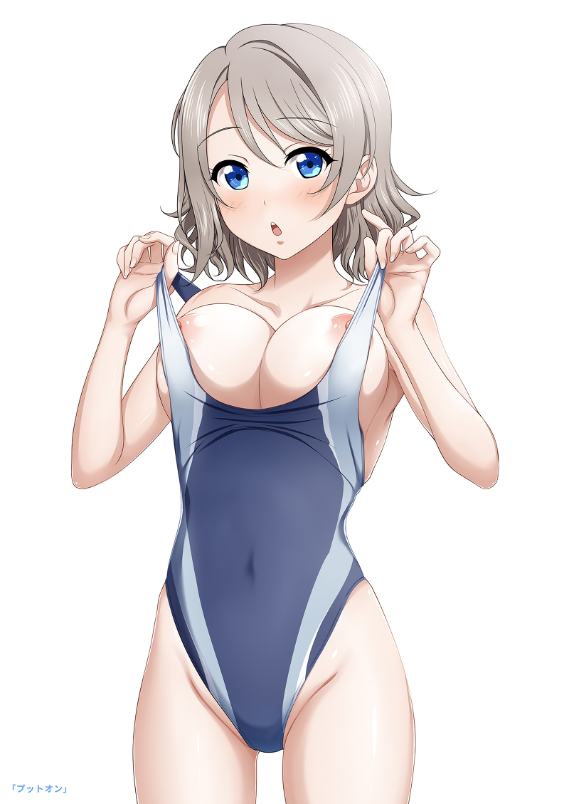 1girl areolae bangs blue_eyes blue_swimsuit blush breasts chestnut_mouth collarbone competition_swimsuit covered_navel cowboy_shot eyebrows_visible_through_hair grey_hair groin hair_between_eyes hands_up highleg highleg_swimsuit large_breasts looking_at_viewer love_live! love_live!_sunshine!! miel_(lessontome) nipple_slip nipples one-piece_swimsuit open_mouth puffy_nipples short_hair simple_background solo standing strap_lift surprised swept_bangs swimsuit swimsuit_pull taut_clothes thighs upper_teeth watanabe_you white_background