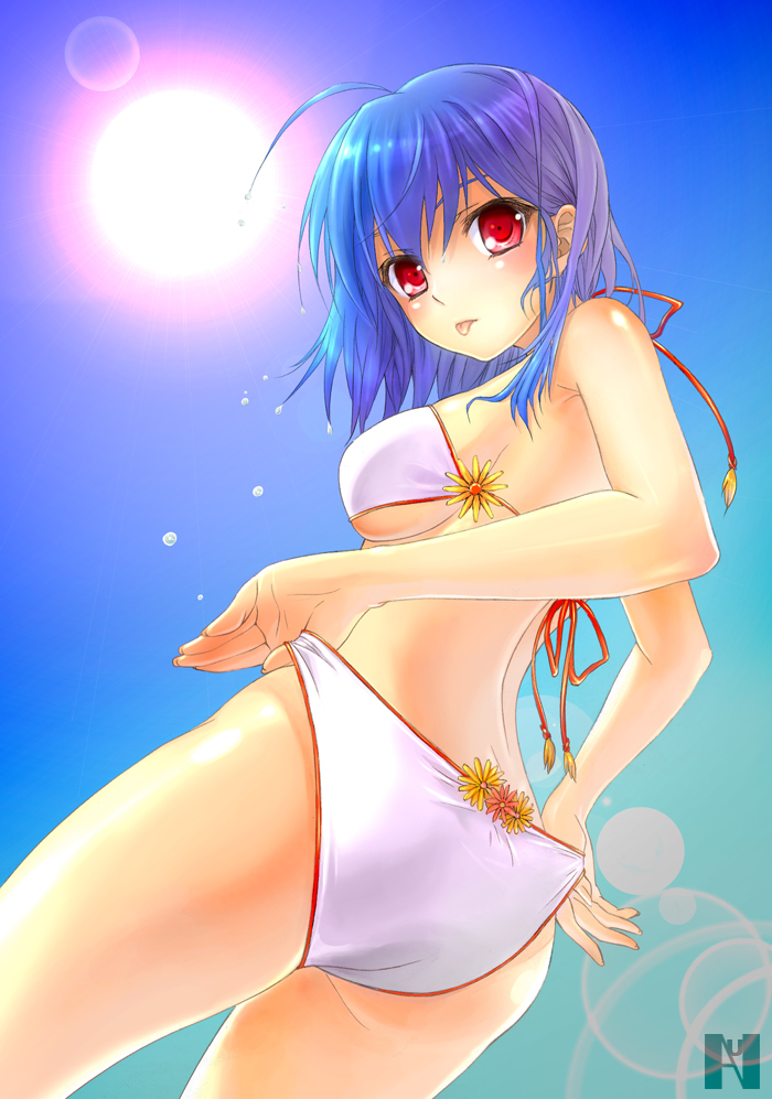 :p adjusting_clothes adjusting_swimsuit ahoge ass bikini blue_hair breasts from_below lens_flare medium_breasts nuna_(c-a-d) original red_eyes sideboob solo sun swimsuit tongue tongue_out