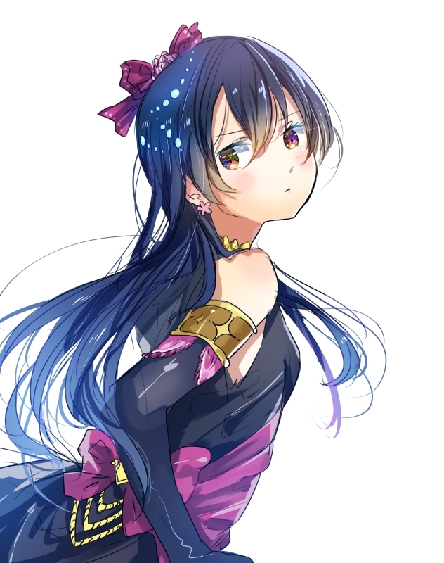 1girl bangs bare_shoulders black_dress blue_hair blush closed_mouth commentary_request dress earrings elbow_gloves from_side gloves hair_between_eyes hair_ornament hair_ribbon jewelry long_hair looking_at_viewer love_live! love_live!_school_idol_project mofun ribbon simple_background soldier_game sonoda_umi white_background yellow_eyes