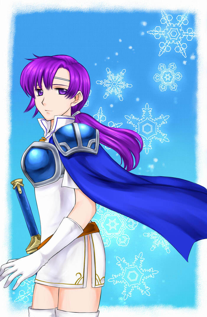 74 armor cape circlet fire_emblem fire_emblem:_fuuin_no_tsurugi gloves long_hair ponytail purple_eyes purple_hair side_slit skirt snowflakes solo thighhighs yuno_(fire_emblem)